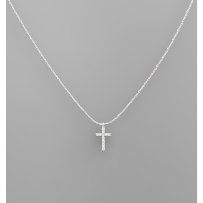CZ Cross Charm Necklace - Rhodium