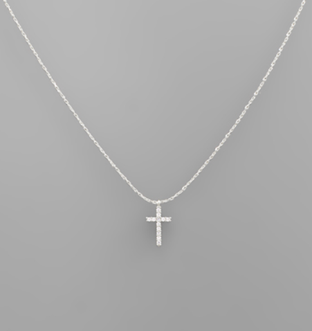 CZ Cross Charm Necklace - Rhodium