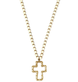 Cross Pendant Wood Bead Necklace - White