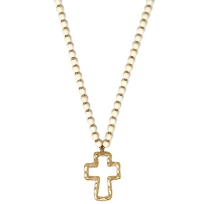 Cross Pendant Wood Bead Necklace - White