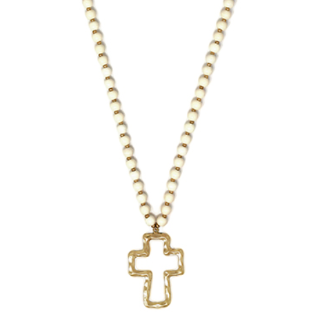 Cross Pendant Wood Bead Necklace - White