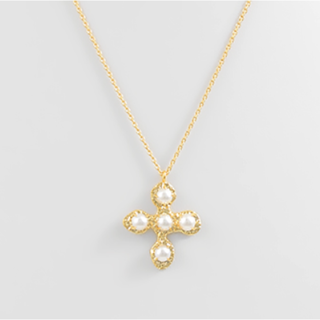 Textured Cross & Pearl Pendant Necklace