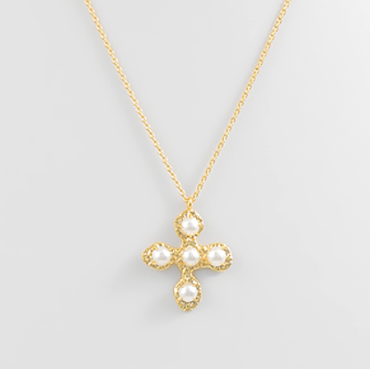 Textured Cross & Pearl Pendant Necklace