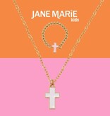 Kids 14" Gold Chain Necklace with White Enamel Cross Pendant & Light Pink Enamel Cross Ring