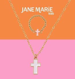 Kids 14" Gold Chain Necklace with White Enamel Cross Pendant & Light Pink Enamel Cross Ring