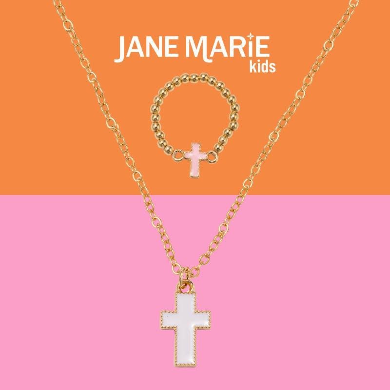 Kids 14" Gold Chain Necklace with White Enamel Cross Pendant & Light Pink Enamel Cross Ring