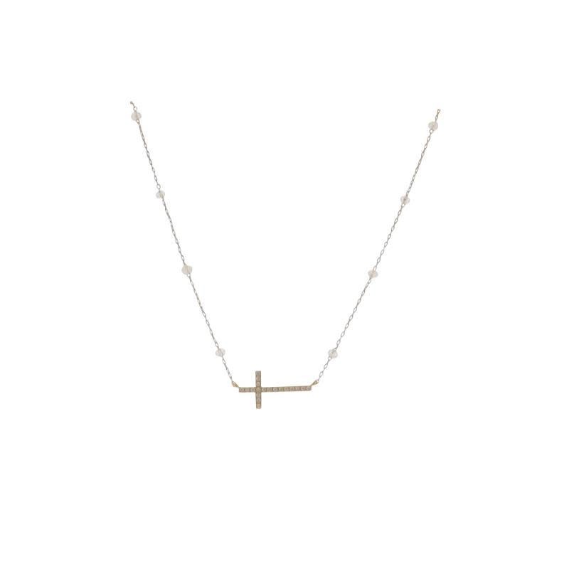 15" 18K Gold Plated Gold & Clear Paperclip Chain Necklace with Clear Crystal Cross Pendant