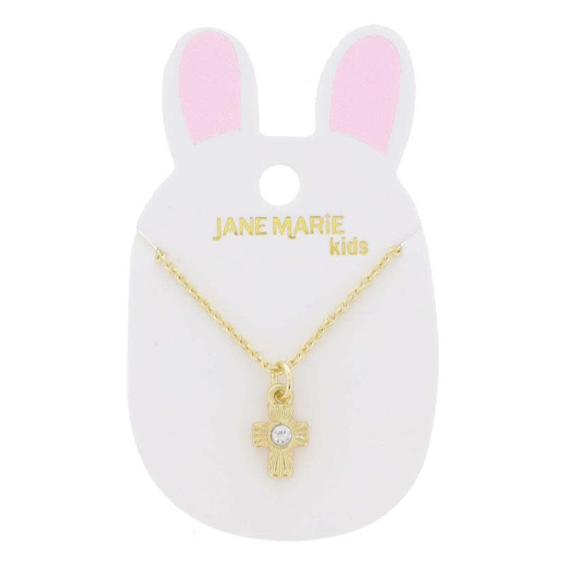Kids 14" Gold Starburst Cross with Center Clear Crystal Necklace, 3" Ext.