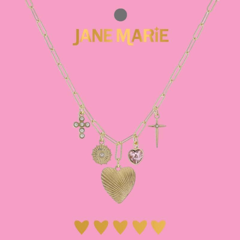 15" Gold Paperclip Chain Necklace with Pearl, Pink Cross, Disk, Heart, Crystal Heart, Cross Charms