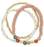 Set of 3, "REDEEMED" Coordinating Warm Toned Multi, Gold, Pearl Beaded Stack Bracelet, 7.5" Around