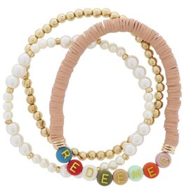 Set of 3, "REDEEMED" Coordinating Warm Toned Multi, Gold, Pearl Beaded Stack Bracelet, 7.5" Around