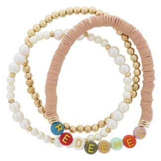 Set of 3, "REDEEMED" Coordinating Warm Toned Multi, Gold, Pearl Beaded Stack Bracelet, 7.5" Around