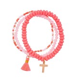 Kids Set of 3 Coral & Pink Beaded Stretch Bracelet with Cross Charm