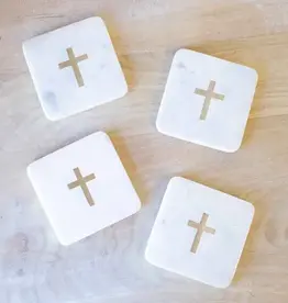 Cross Marble Coasters White/Brass 4x4
