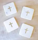 Cross Marble Coasters White/Brass 4x4