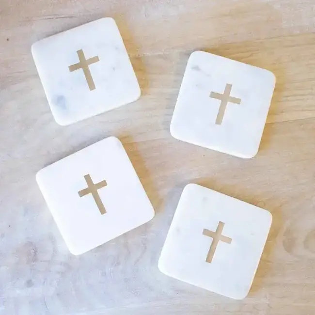 Cross Marble Coasters White/Brass 4x4