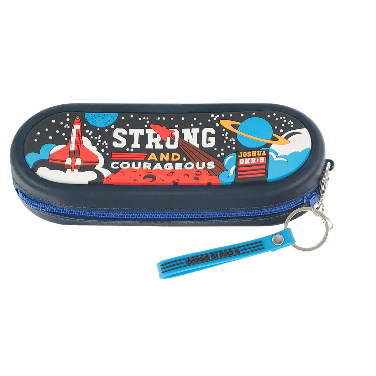 Strong and Courageous Navy Silicone Pencil Case - Joshua 1:9