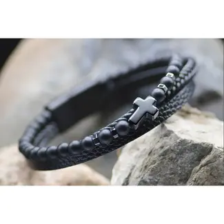 Cross Leather Black Beaded Bracelet
