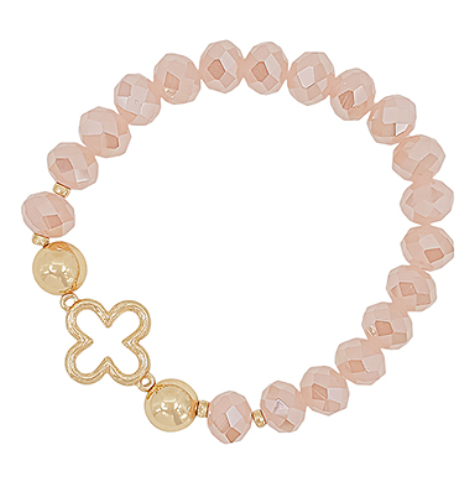 Clover Accent Glass Bead Bracelet - Lt. Pink