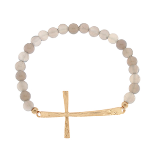 Stone Beads & Cross Bracelet Gray