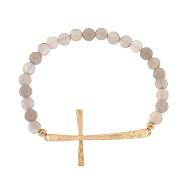 Stone Beads & Cross Bracelet Gray