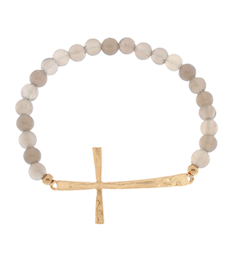 Stone Beads & Cross Bracelet Gray