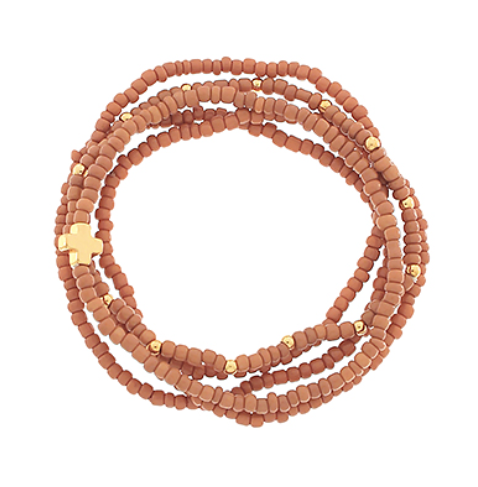 5 Row Seed Bead Cross Charm Bracelet - Mocha