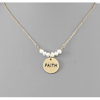 Freshwater Pearl & Word Charm Necklace - Faith/Disc