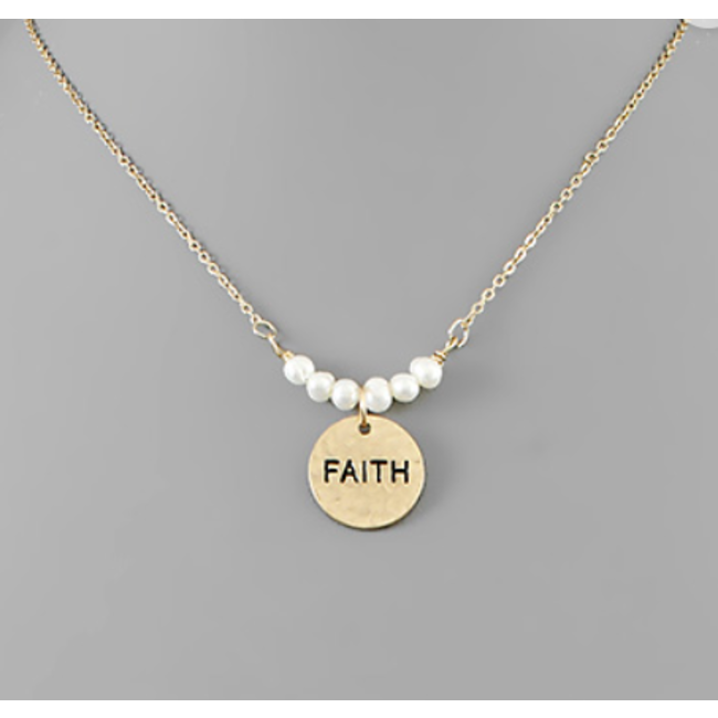 Freshwater Pearl & Word Charm Necklace - Faith/Disc