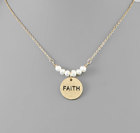 Freshwater Pearl & Word Charm Necklace - Faith/Disc