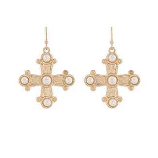 Byzantine Cross w/Stone Earrings - Cream/Gold