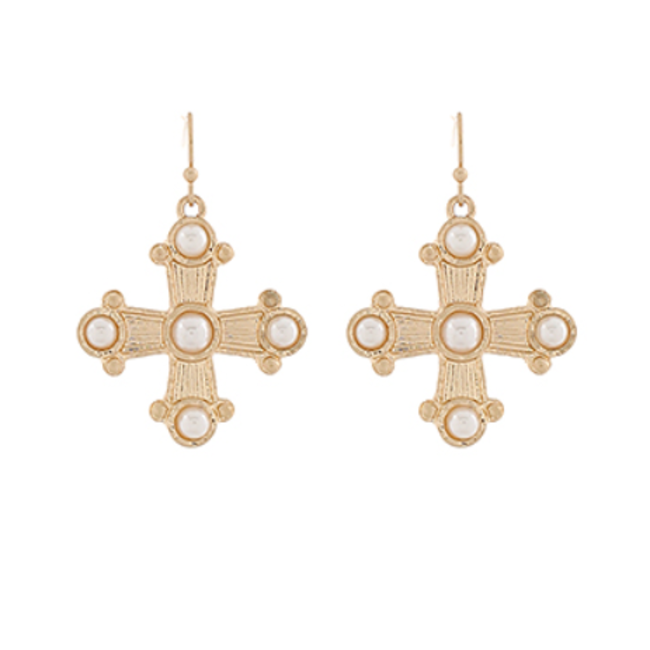 Byzantine Cross w/Stone Earrings - Cream/Gold