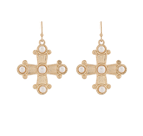 Byzantine Cross w/Stone Earrings - Cream/Gold