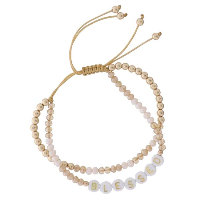 2 Strand Gold, Champagne, Natural Beaded Pully Adj. Bracelet with White, Gold "Blessed"