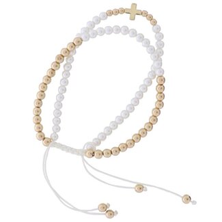 2 Strand Pearl, Gold Beaded Pully Adj. Bracelet with Gold Cross