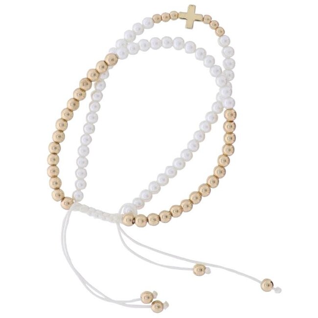 2 Strand Pearl, Gold Beaded Pully Adj. Bracelet with Gold Cross