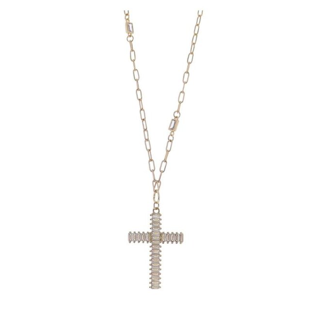 Gold Paperclip Chain Necklace with Clear Crystal Cross