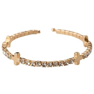 Gold Clear Crystal Stretch Cuff Bracelet with Gold Crosses
