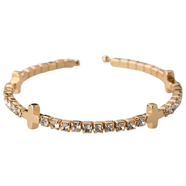 Gold Clear Crystal Stretch Cuff Bracelet with Gold Crosses