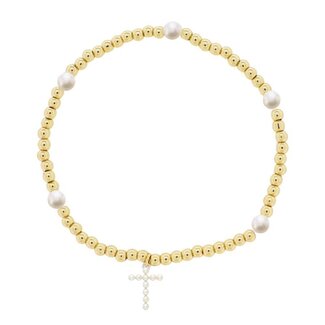 Kids 18K Gold Plated Gold & Pearl Beaded Stretch Bracelet with Pearl Cross