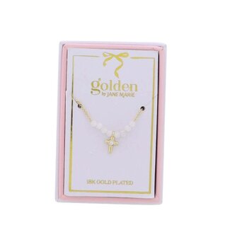 Kids 18K Gold Plated Necklace with Gold, Clear Center Crystal Cross & Pink Beads