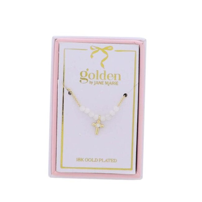 Kids 18K Gold Plated Necklace with Gold, Clear Center Crystal Cross & Pink Beads