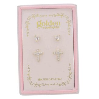 Kids 18K Gold Plated Set of 2 Heart & Cross Stud Earrings