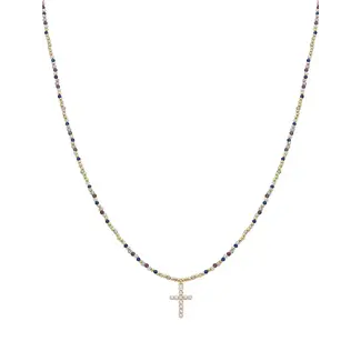 Multi Crystal 16"-18" Necklace with Rhinestone Cross Detail