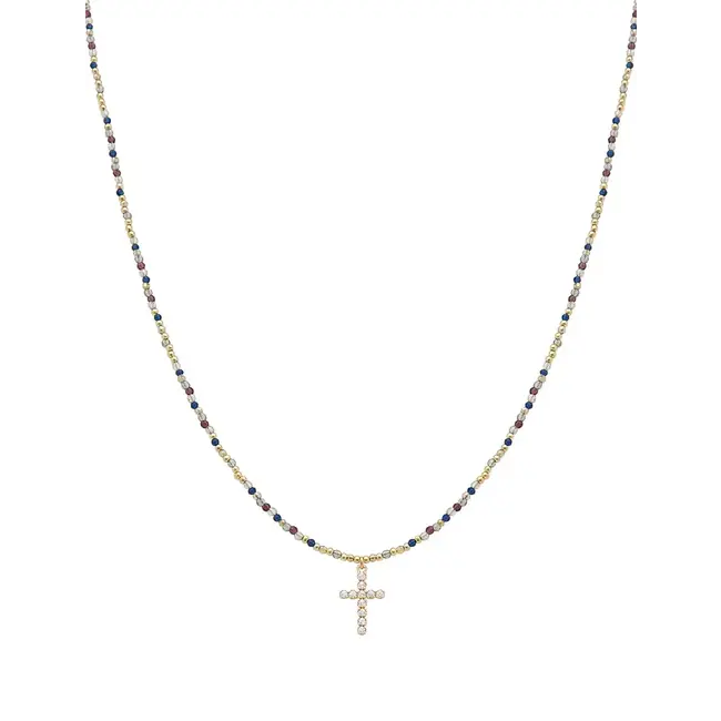 Multi Crystal 16"-18" Necklace with Rhinestone Cross Detail
