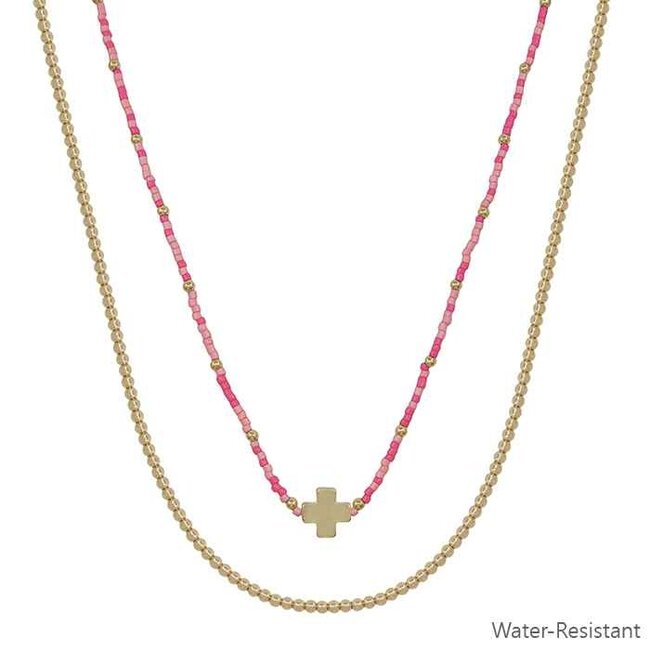 Water Resistant Pink Seed Bead with Gold Cross 16"-18" Necklace