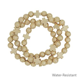Set of 3 8MM Textured Beaded and Gold Cross Water Resistant Stretch Bracelets