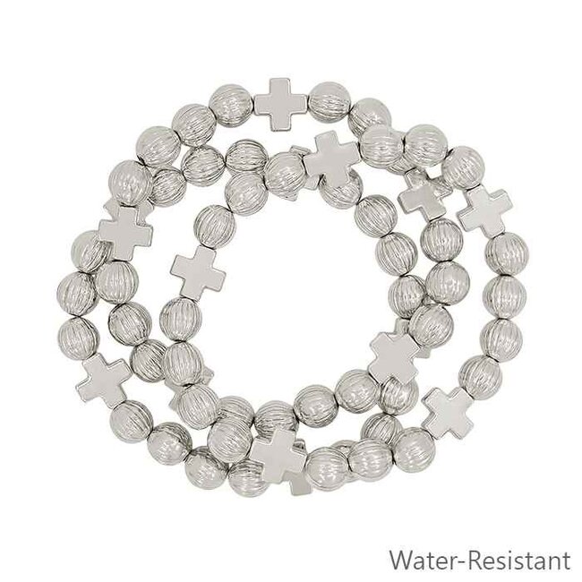 Set of 3 8MM Textured Beaded and Silver Cross Water Resistant Stretch Bracelets