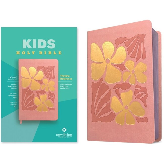 NLT Kids Bible, Thinline Reference Edition, LeatherLike, Indexed, Tropical Flowers Dusty Pink, Red Letter