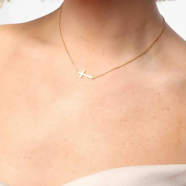 Hypo-Allergenic Water Resistant 14K Gold Plated Stainless Steel Cross Charm Necklace